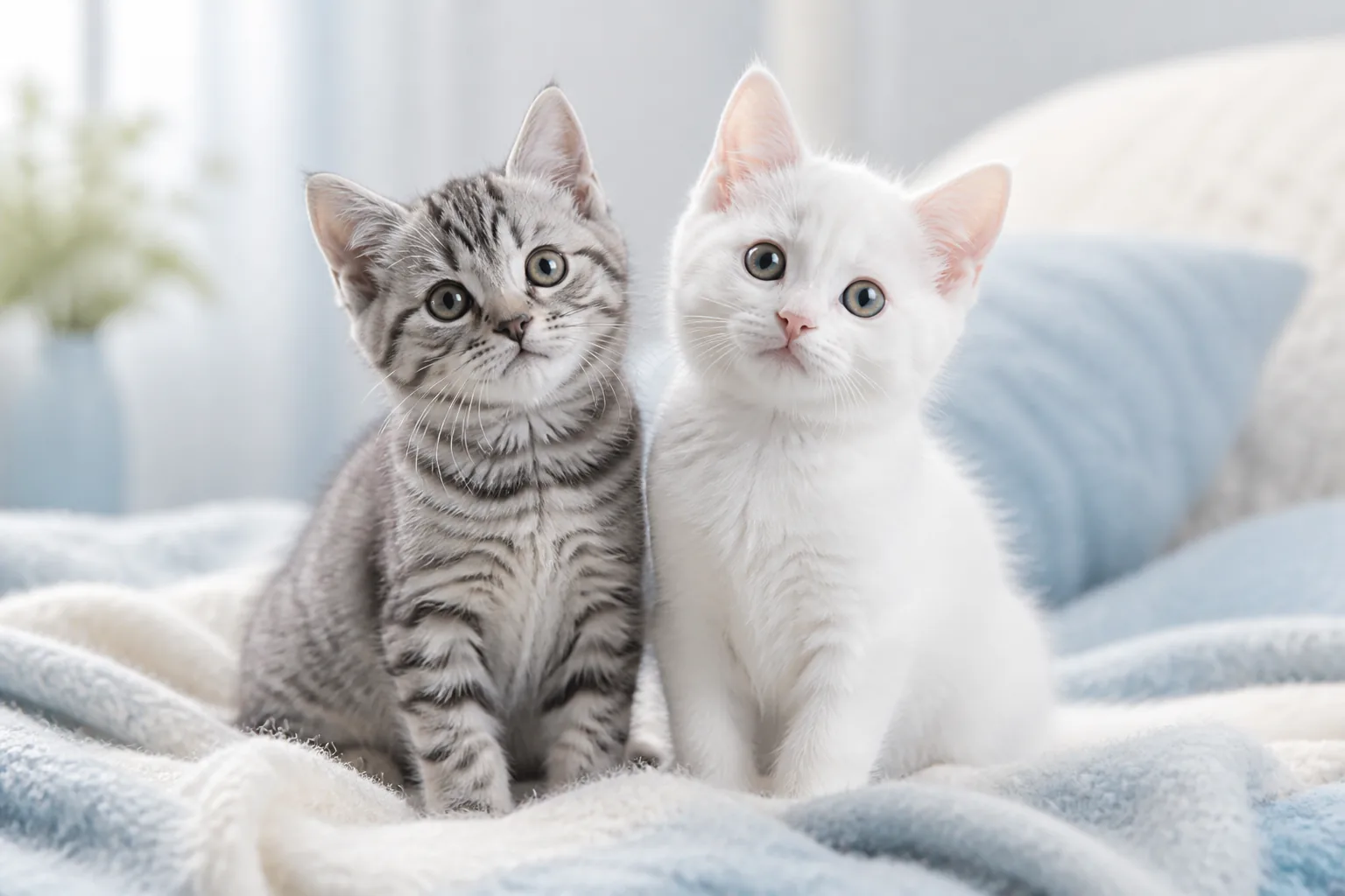 Серый и белый котята сидят рядом